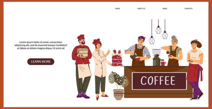 Vettore caffetteria o pasticceria caffetteria web banner design dell'interfaccia vettore piatto