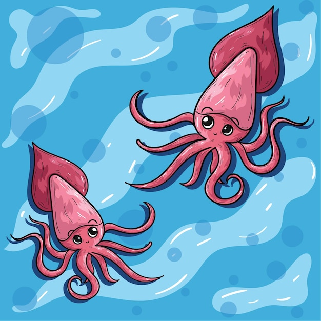 Calamari ragazza rosa calamari carino femmina acqua oceano blu bolle calamari che giocano a calamari gemelli