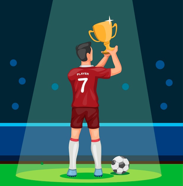 Calciatore che tiene il trofeo che vince la celebrazione del campione nell'illustrazione del fumetto