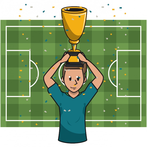 Calciatore con la tazza sopra il fondo del campo