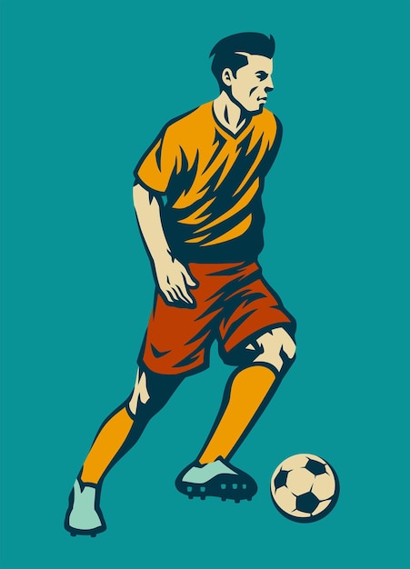 Calciatore in disegno di disegno a mano che dribbla la palla