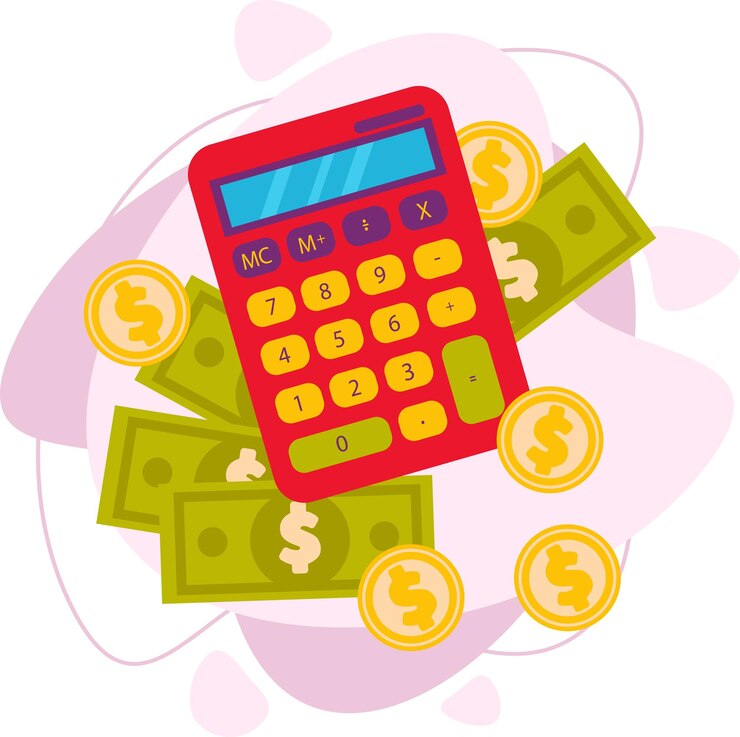 Vettore calcolatrice con banconote e monete, dollari, soldi, illustrazione vettoriale. icona finanziaria di vettore in uno stile piano con soldi e una calcolatrice.