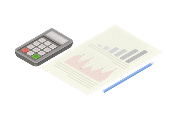 Calcolatrice elettronica e carta di documento come contabilità finanziaria e sintesi composizione vettoriale isometrica