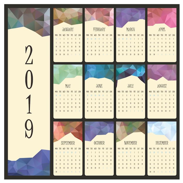 Calendario 2019 con intestazione geometrica per ogni mese