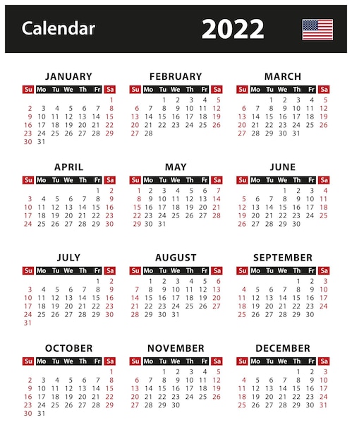 Calendario 2022 - illustrazione vettoriale stock. Versione inglese americana