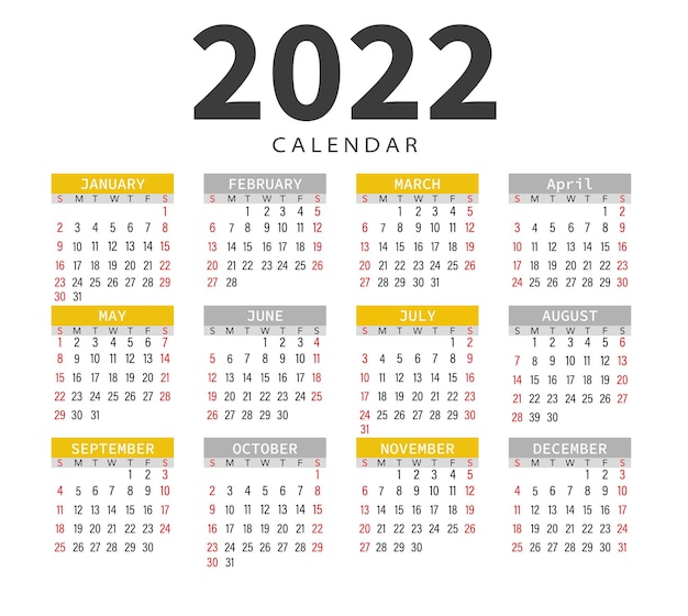 Calendario 2022 Mesi e giorni Grafica vettoriale