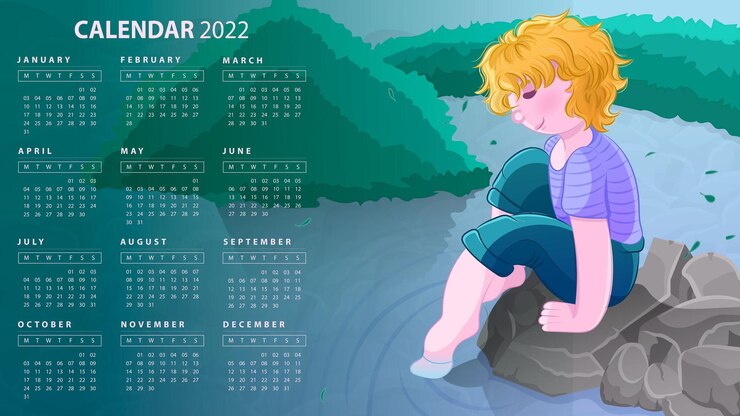 Calendario 2022 modello completo vettore paesaggio illustrazione ragazzo fiume