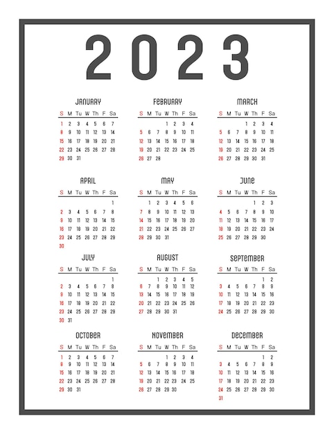 Calendario 2023 in inglese. I giorni della settimana sono in alto