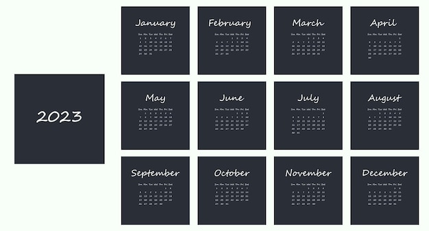 Calendario 2023 minimalista con testo bianco su sfondo scuro. Calendario mensile