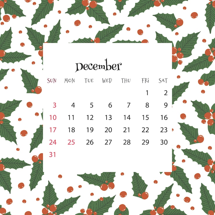 Vettore calendario 2023 per dicembre illustrazione vettoriale del calendario mensile sul modello senza cuciture con foglie di agrifoglio e bacche in stile piatto cartone animato sfondo colorato con griglia del mese
