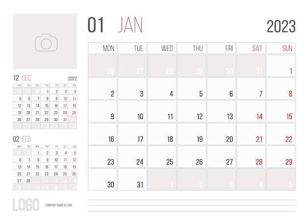 Calendario 2023 planner aziendale modello design mese gennaio