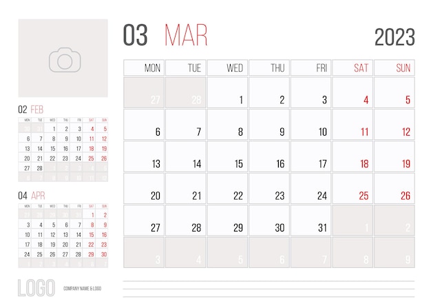 Calendario 2023 planner aziendale modello design mese marzo