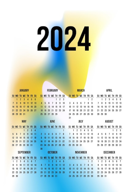 Calendario 2024 su sfondo astratto colore sfumato azzurro e giallo su bianco