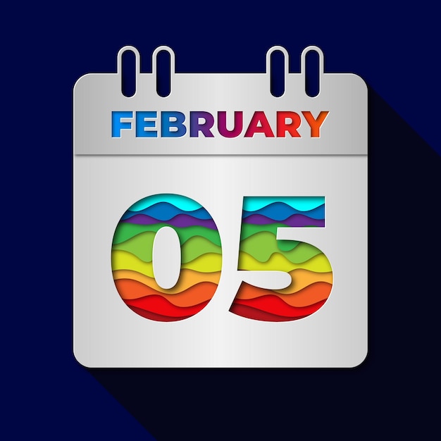 Calendario 5 febbraio data piatto taglio in carta minimo illustrazione di design in stile artistico
