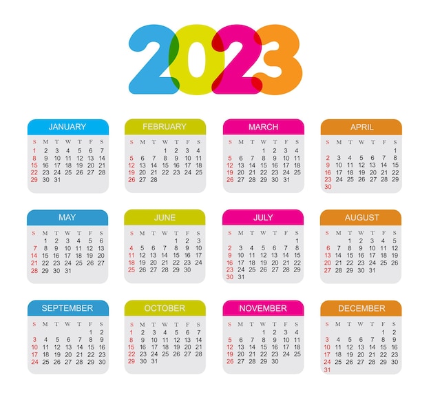Calendario colorato per l'anno 2023.