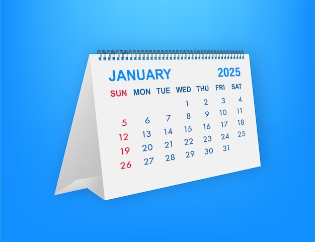 Calendario da scrivania che mostra il mese di gennaio 2025 su sfondo blu
