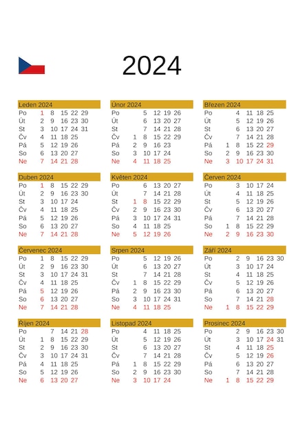 Calendario dell'anno 2024 in ceco con le festività della Repubblica ceca