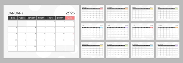 Calendario dell'arcobaleno mensile per l'anno 2025 Settimana inizia lunedì