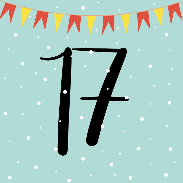 Vettore calendario dell'avvento di natale con bandiere colorate e nevicate 17 dicembre