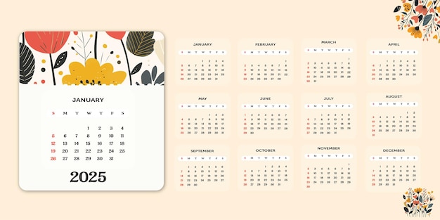 Calendario floreale disegnato a mano 2025