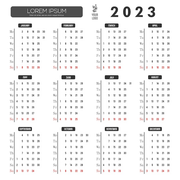 Calendario in inglese per il 2023 i giorni della settimana si trovano a sinistra la settimana inizia con il lunedì