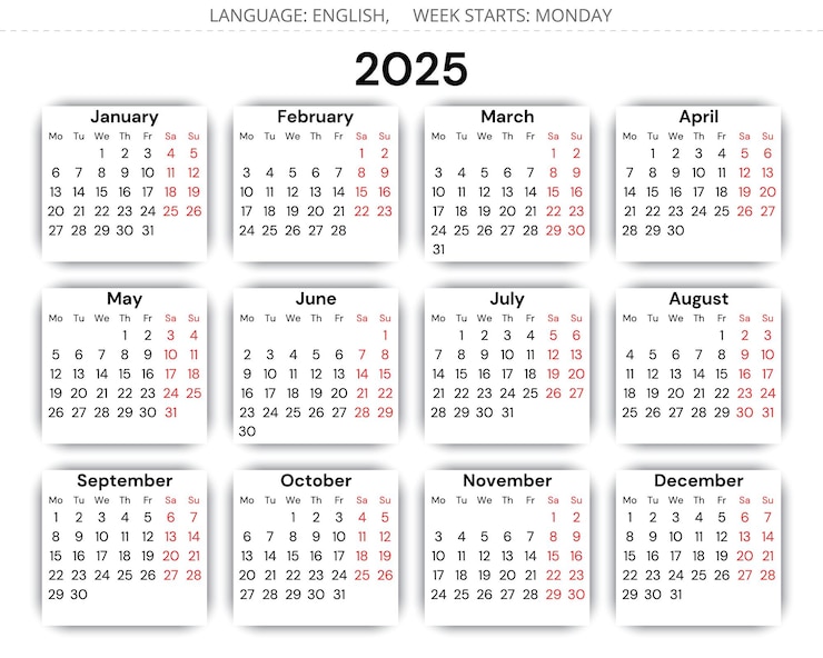 Vettore calendario inglese per l'anno 2025 con 12 mesi illustrazione vettoriale la settimana inizia lunedì