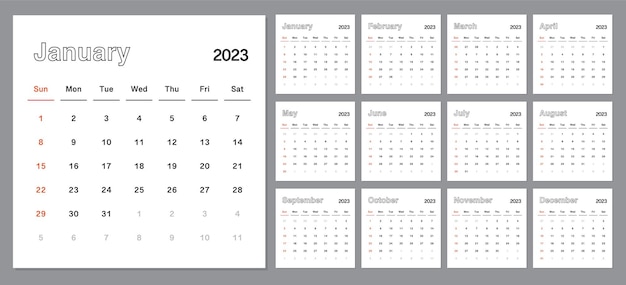 Calendario mensile classico per il 2023. La settimana inizia di domenica