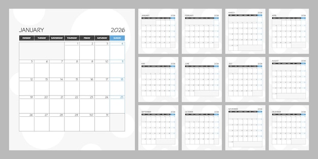 Calendario mensile pianificatore quadrato blu per l'anno 2026 Settimana inizia lunedì