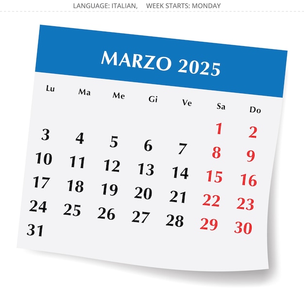 Calendario per marzo 2025 marzo Italia Illustrazione vettoriale in forma pagina di carta con ombra