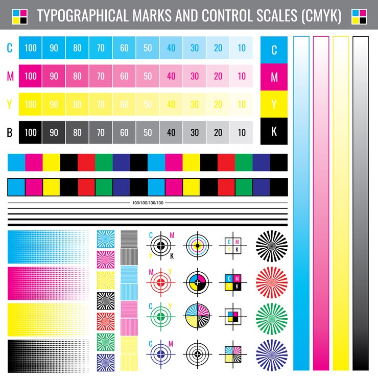 Vettore calibrazione stampa segni di ritaglio. documento vettoriale di prova del colore cmyk