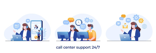 Call center concept hotline helpline assistente servizio clienti 24 ore contattaci illustrazione piatta vettore