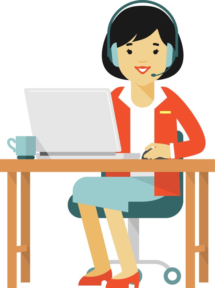 Vettore call center support giovane donna con cuffie e portatile si siede al tavolo in ufficio