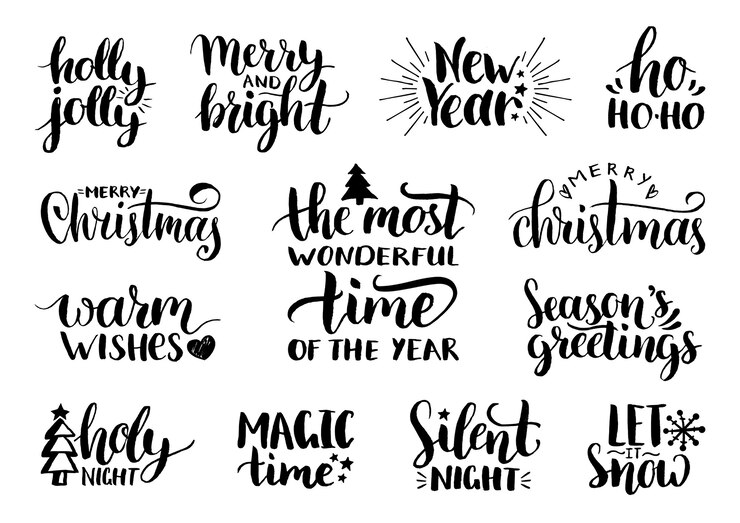 calligrafia scritta a mano di Natale e Capodanno con decorazioni festive.