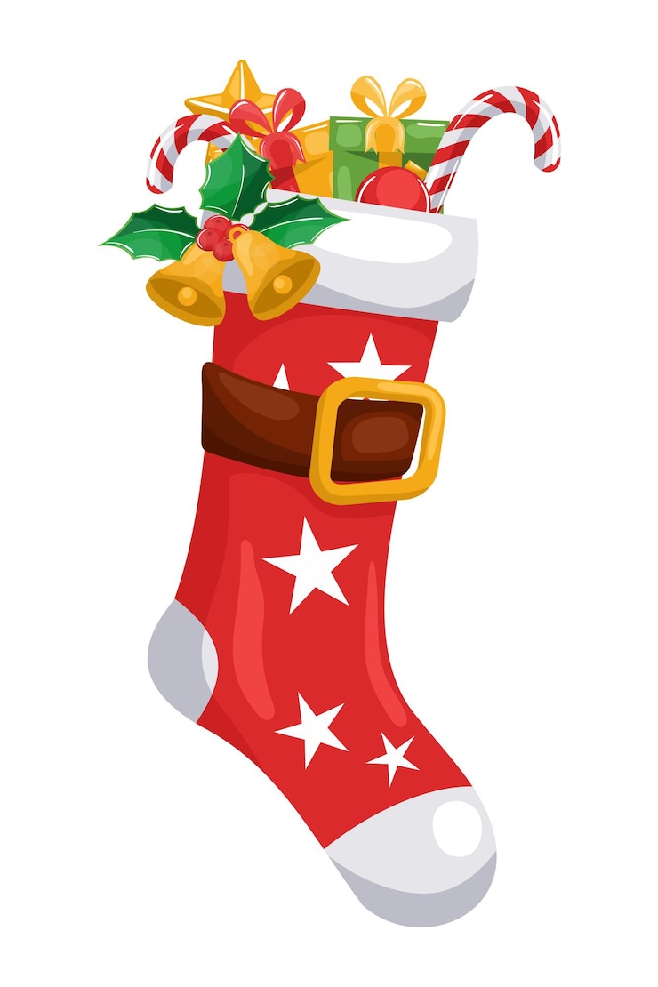 Vettore calza di babbo natale con decorazioni natalizie campane foglie di agrifoglio regali bastoncino di zucchero per biglietto di buon natale