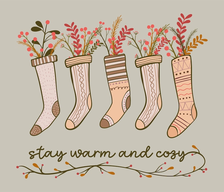 Vettore calzini comodi per la stagione autunnale con citazione floreale e citazione stay warm e accogliente composizione design vector illustration