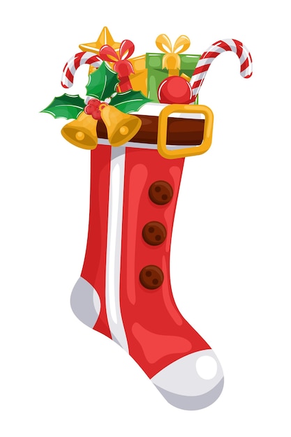 Calzino di Babbo Natale con decorazioni natalizie campane foglie di agrifoglio scatole regalo bastoncino di zucchero per biglietto di buon natale
