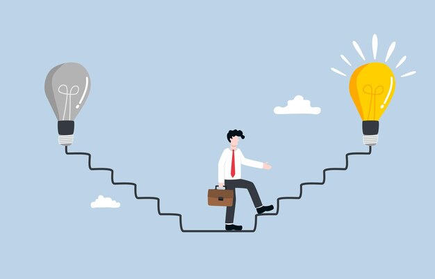 Cambiamento di idea per migliorare il concetto di business Uomo d'affari che si avvicina alla nuova lampadina