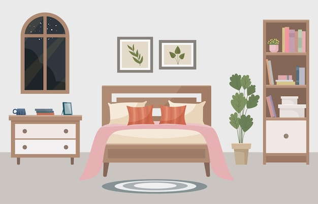 Camera da letto calda e accogliente con un letto confortevole lampada leggera finestra scaffale per libri e pianta d'interno