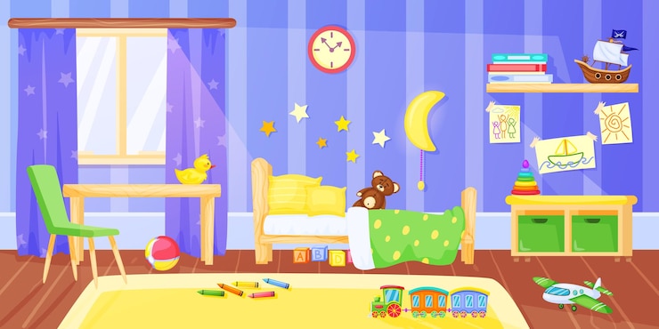 Vettore camera da letto dei bambini interno della camera da letto del bambino in età prescolare del fumetto con l'illustrazione dei giocattoli e della mobilia