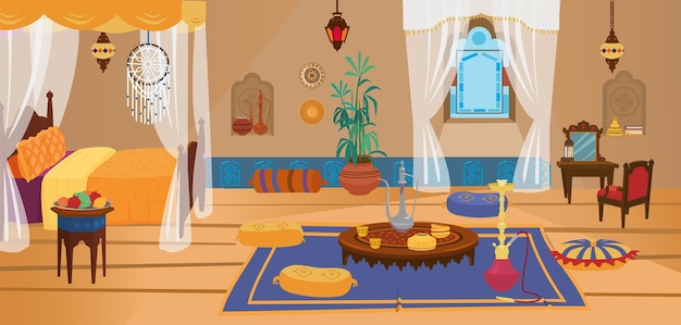 Camera da letto tradizionale mediorientale con mobili ed elementi decorativi.