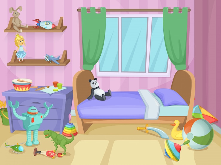 Vettore camera per bambini con giochi divertenti sul pavimento