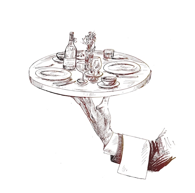 Cameriere che serve vino schizzo disegnato a mano illustrazione vettoriale