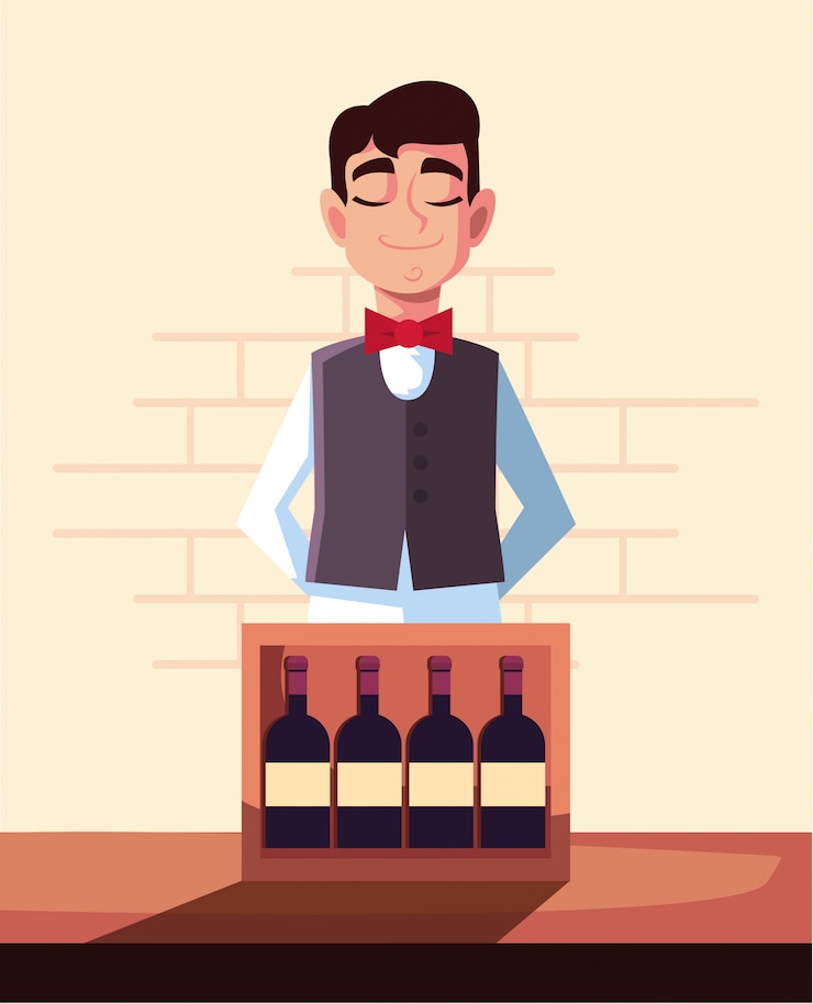 Vettore cameriere con bottiglie di vino