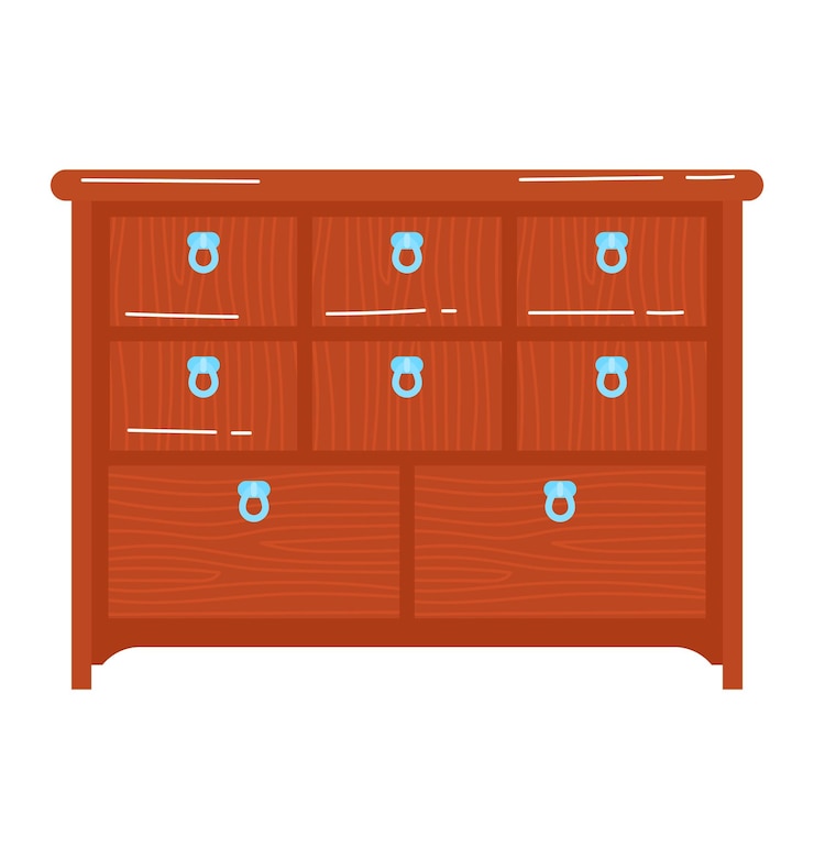 Vettore camerino in legno con sei cassetti maniglie blu design piatto semplice illustrazione di mobili interno