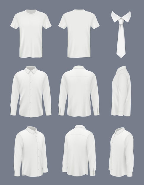 Camicia da lavoro per uomo. Camicia di lusso maschile con maniche lunghe e cravatta vestiti mockup uniformi set di immagini vettoriali decenti. Vista dall'alto mock up illustrazione della camicia bianca