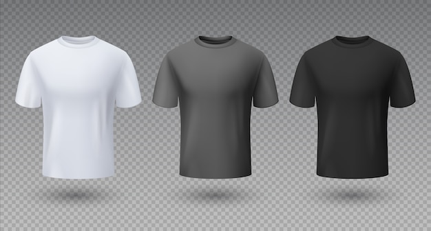 Camicia maschile realistica. Mockup 3D t-shirt bianca nera e grigia, modello vuoto, abbigliamento sportivo pulito unisex