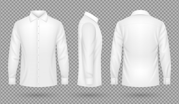 Camicia uomo bianca bianca con maniche lunghe davanti, vista laterale e posteriore. Modello realistico di vettore isolato
