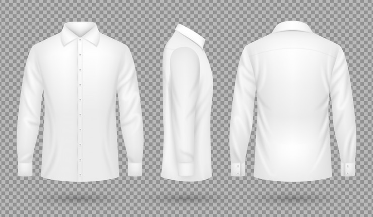 Vettore camicia uomo bianca bianca con maniche lunghe davanti, vista laterale e posteriore. modello realistico di vettore isolato