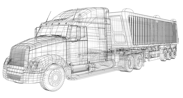 Camion con rimorchio vettore isolato su bianco Mockup del veicolo Illustrazione creata di Wireframe 3d