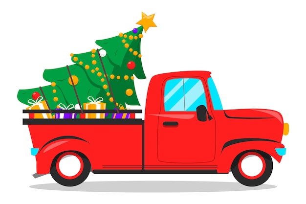 Camion ed albero rossi di natale con i regali all'interno. Celebrazione delle vacanze di dicembre.